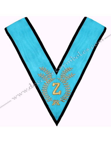 Turquoise moiré ribbon with black edging and Z embroidery