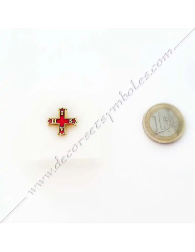Pin's maçonnique Croix IVHS, métal plaqué or et émail rouge