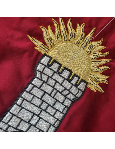 Hand-embroidered Masonic Lodge banner in crimson velvet