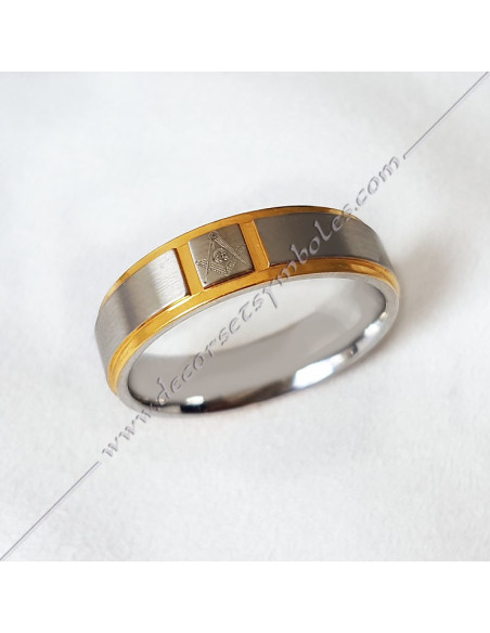 BFM020- bague-maconnique-acier-or-equerre-compas-G-bijoux-loges cadeaux-franc-maconnerie-loges