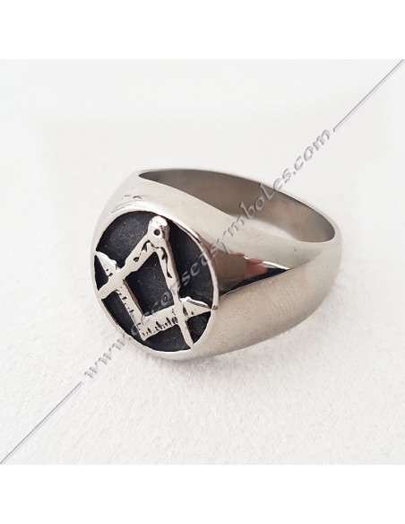 Silver plated Steel Signet Ring with Square & Compass - Masonic Jewellery - BFM 060