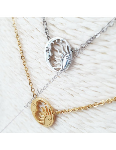 Collier doré rosé argenté symbole lune et soleil. Bijoux, cadeaux décors maconniques. Accessoires articles de franc maconnerie