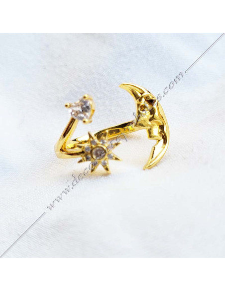Adjustable masonic ring gilded with fine gold Moon, Sun