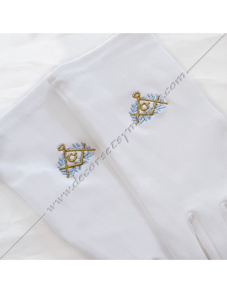 GCB070-gants-blancs-maconniques-brodes-equerre-compas-or-acacia-bleu-tenues-ceremonies-coton-nylon-fm