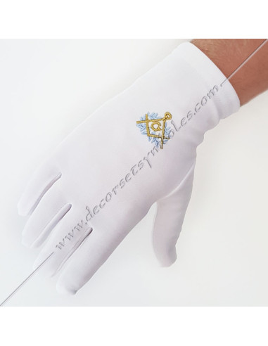GCB070-gants-blancs-maconniques-brodes-equerre-compas-or-acacia-bleu-tenues-ceremonies-fm-coton-nylon