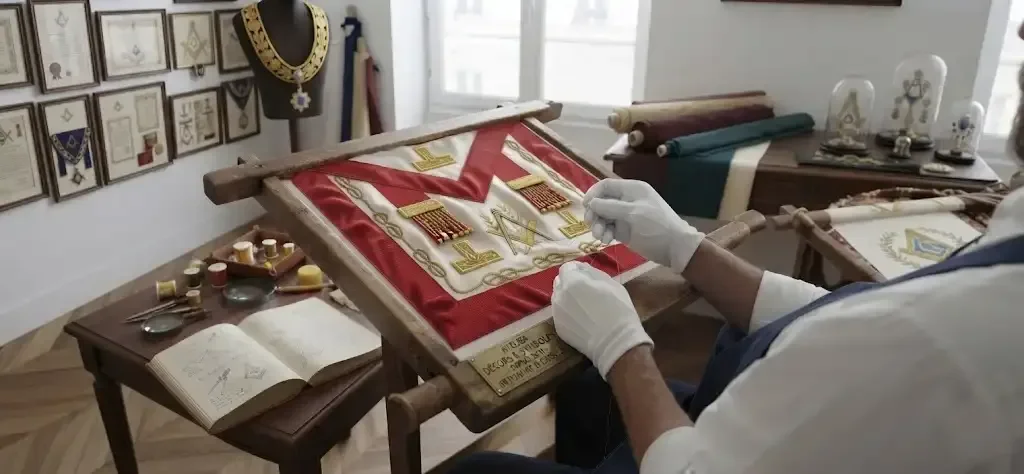 Artisan réalisant à la main un décor maçonnique brodé dans un atelier d’artisanat maçonnique. L’ouvrage textile rouge et blanc, richement décoré de symboles maçonniques, de broderies et d’ornements dorés, est installé sur un cadre en bois. L’artisan porte des gants blancs et réalise avec précision les finitions du décor. En arrière-plan apparaissent des tabliers, des décors, des emblèmes et différents accessoires maçonniques, illustrant le savoir-faire traditionnel, la précision et l’excellence de l’artisanat maçonnique français.