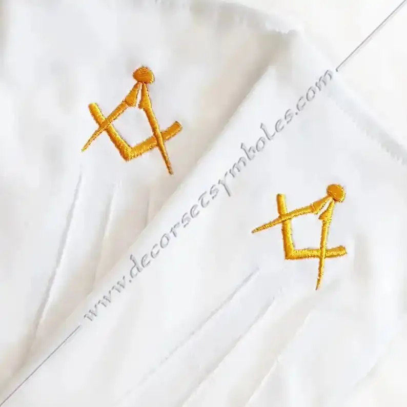 White Masonic gloves embroidered with gold square and compasses
